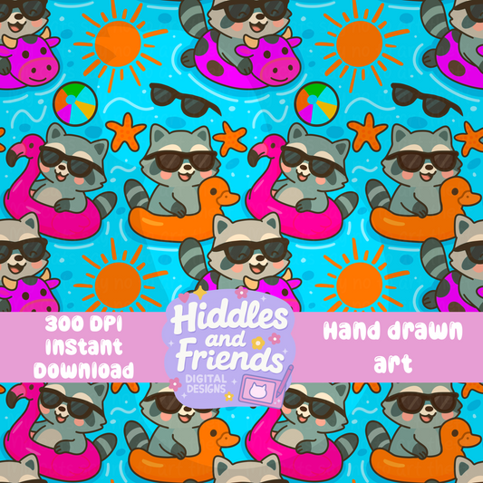 Raccoon Pool Float Seamless Pattern