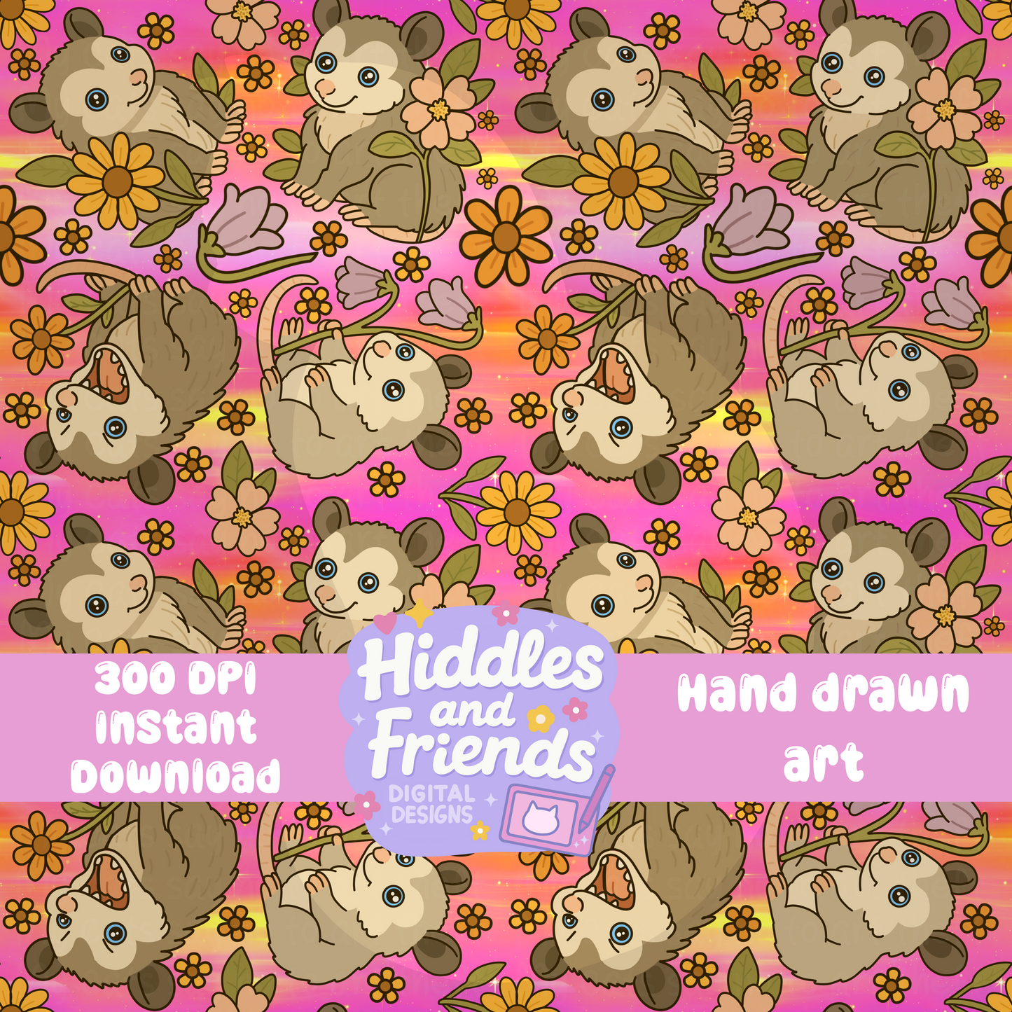Possum and Flowers Seamless Pattern