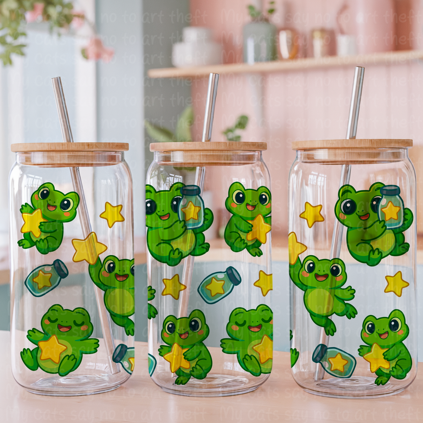 Starry Frogs Glass Can Wrap PNG – 16oz Tumbler Wrap with Frogs Catching Stars