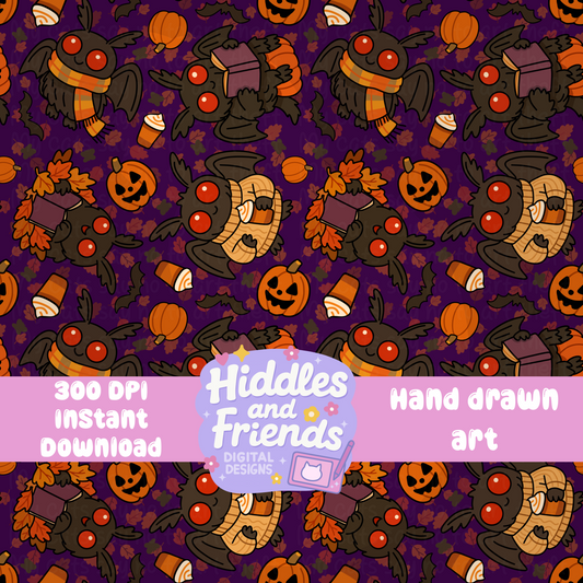 Cozy Halloween Mothman Seamless File – Fall Cryptid Pattern in 4 Colorways
