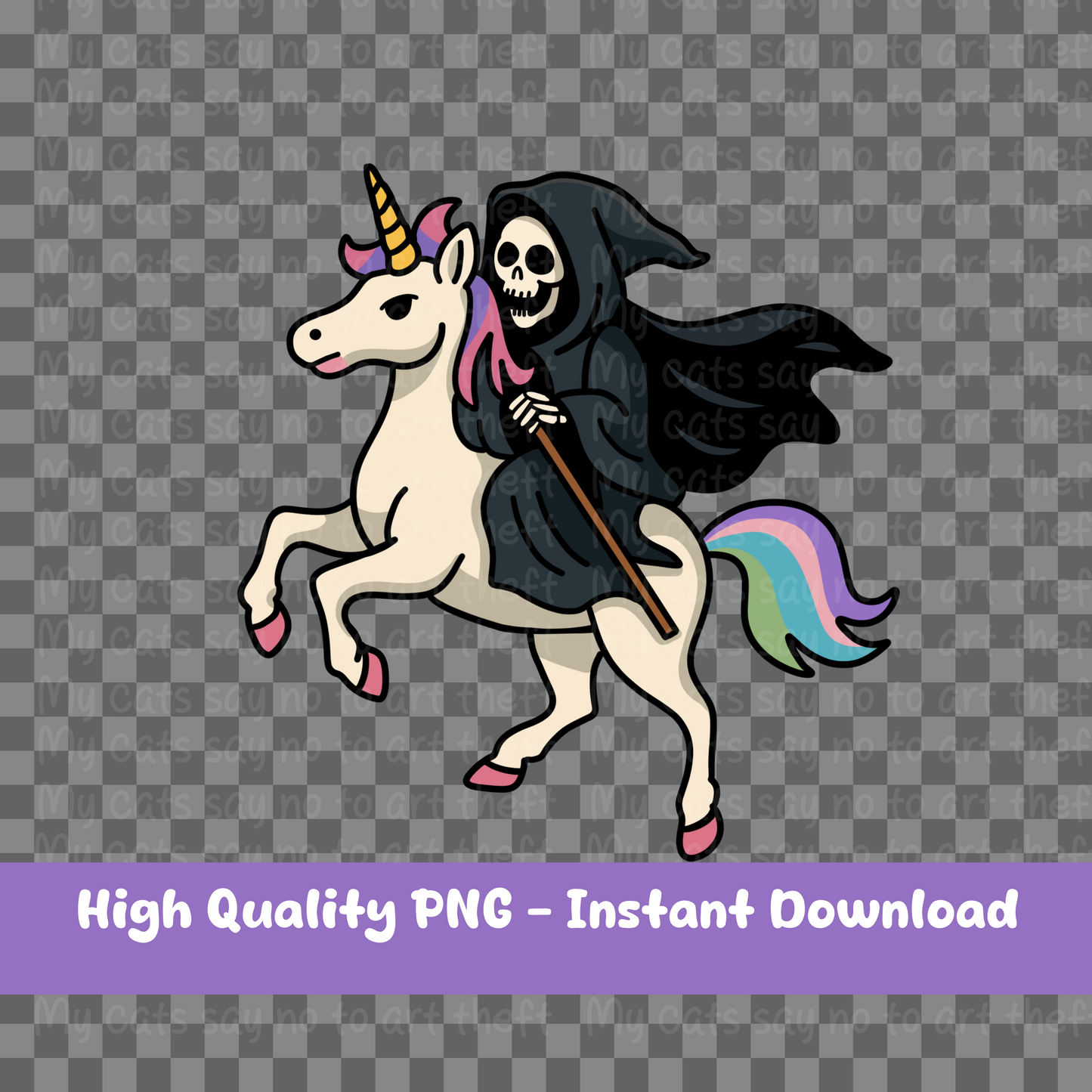 Grim Reaper Riding a Rainbow Unicorn Digital Sticker