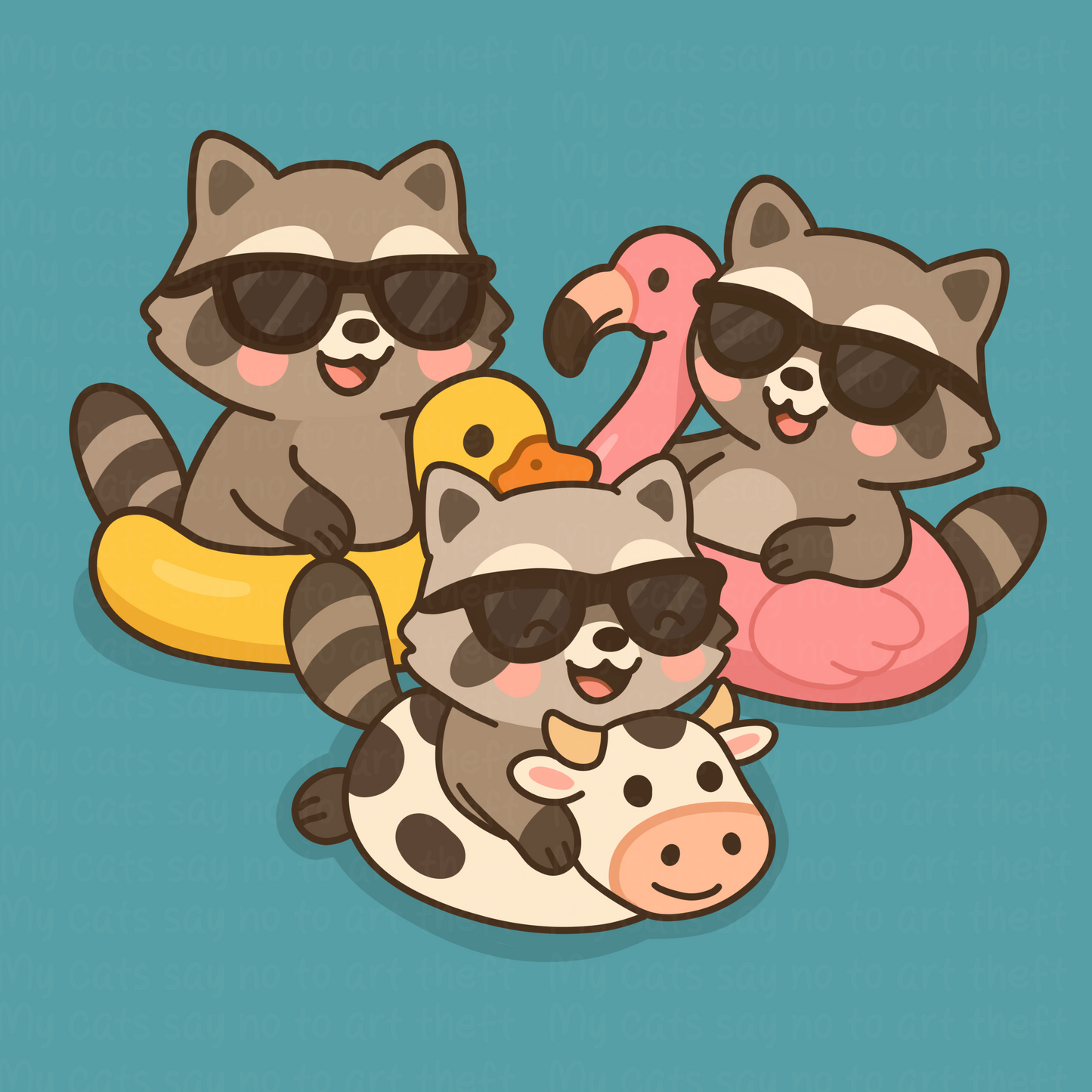 Raccoons with Pool Floats Digital Sticker