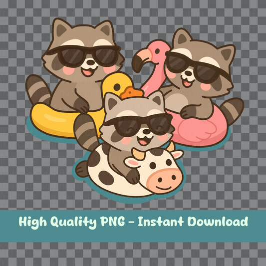Raccoons with Pool Floats Digital Sticker