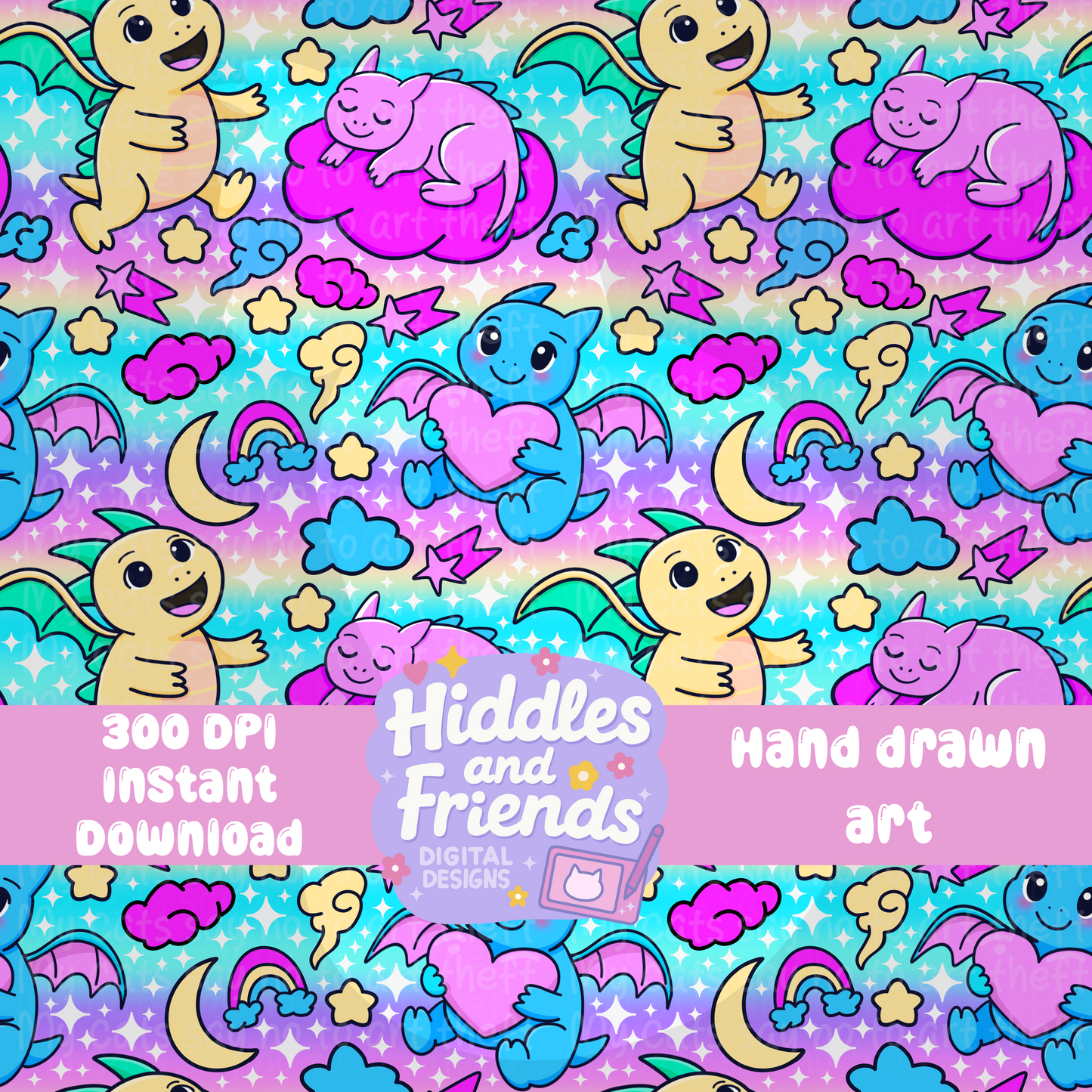 Kawaii Baby Dragons Seamless Pattern