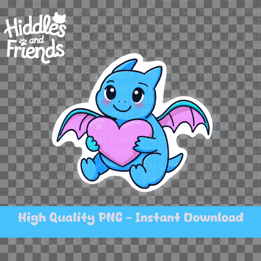 Blue Baby Dragon Hugging Heart Digital Sticker
