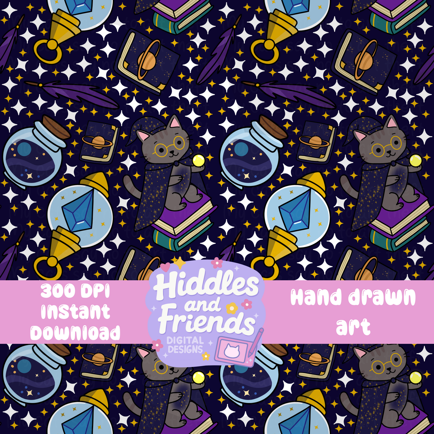 Starry Night Wizard Cat Seamless Pattern
