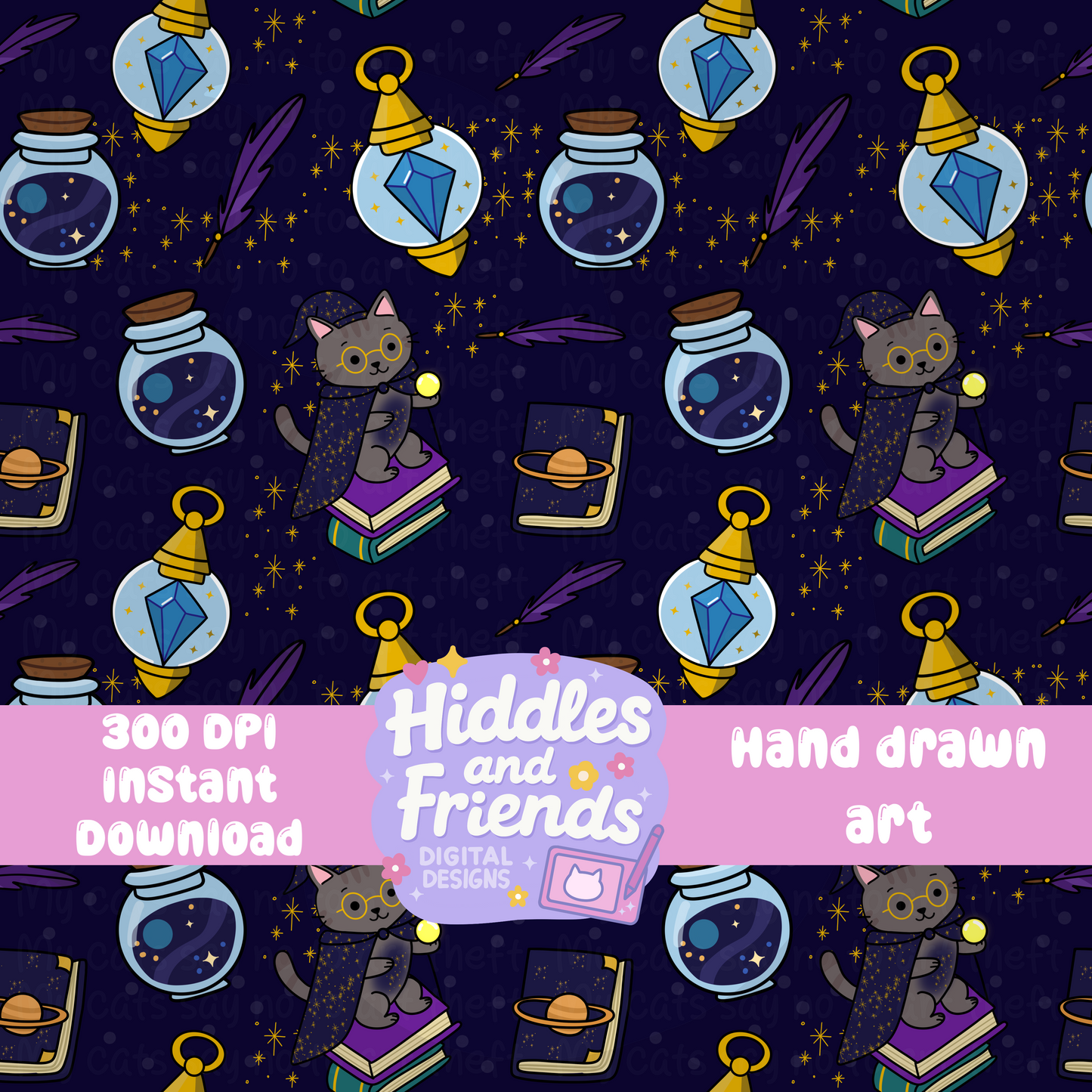 Mystical Wizard Cat Seamless Pattern