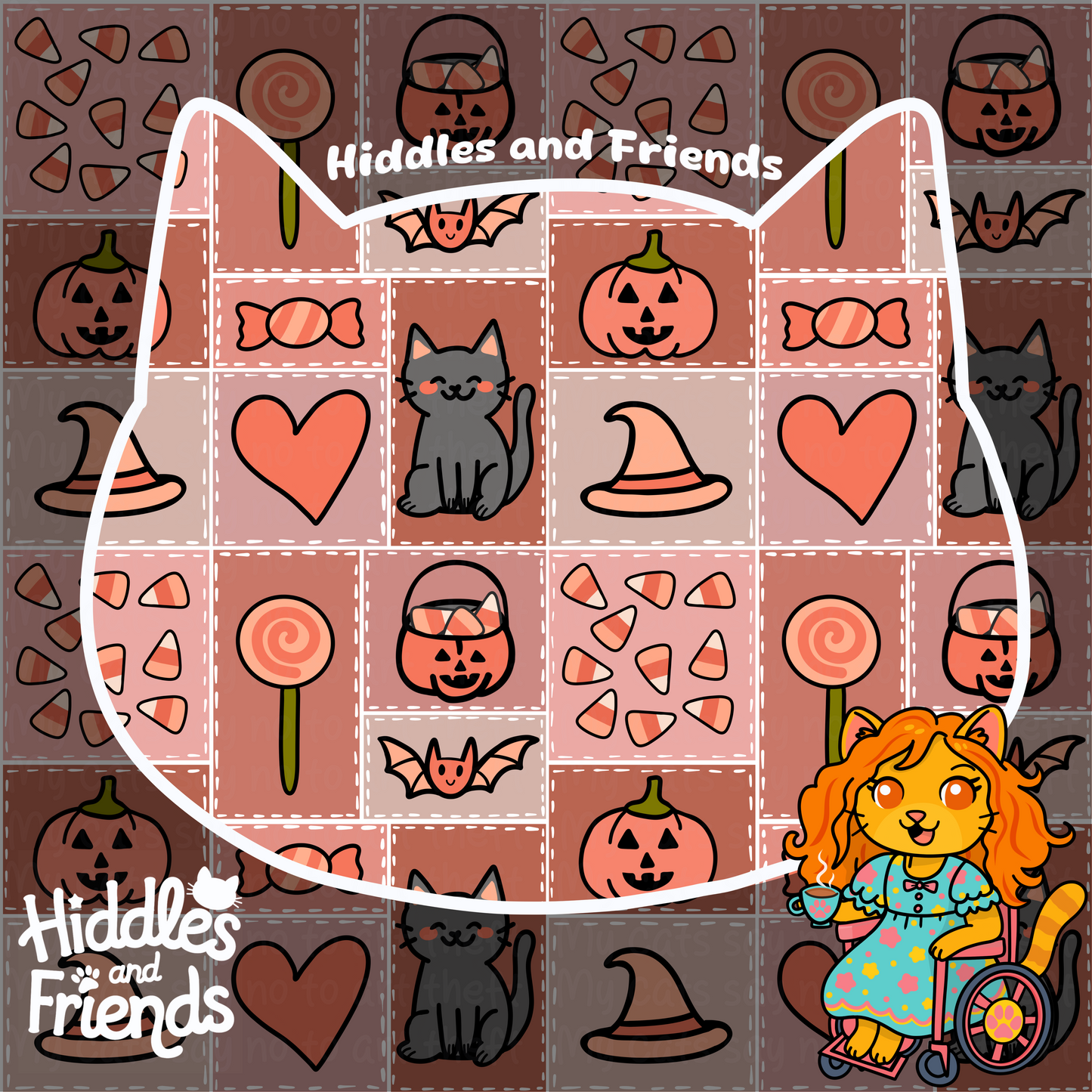 Coquette Halloween Patchwork Cats Seamless Pattern