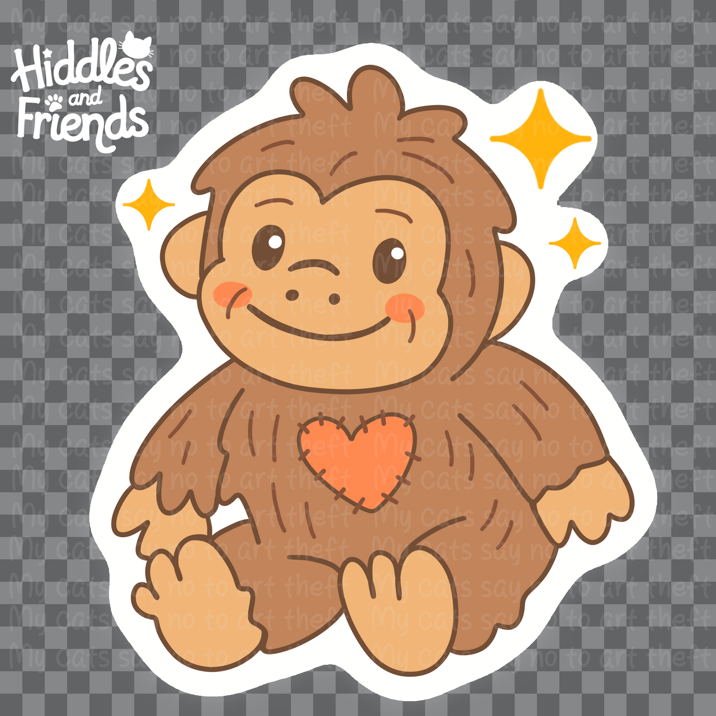Digital Plush Bigfoot Sticker – Kawaii Heart-Patch Cryptid