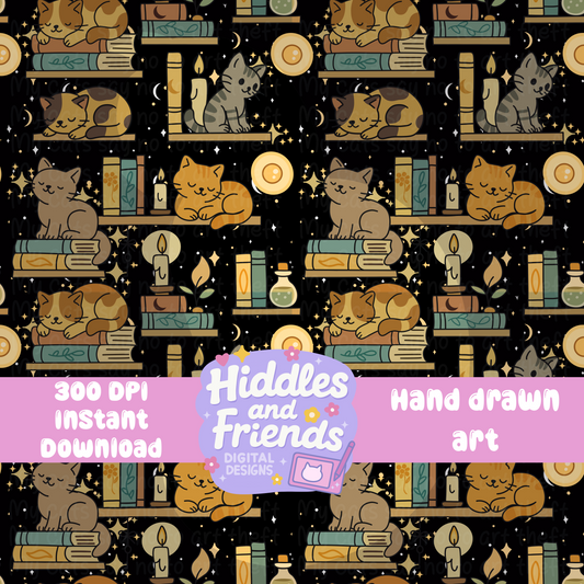 Cozy Bookshelf Cats Seamless File