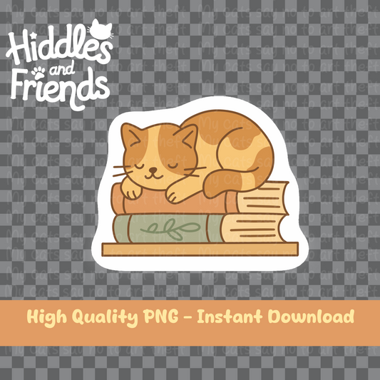 Cozy Cat on Books – Cute Orange Tabby PNG Sticker for Book Lovers