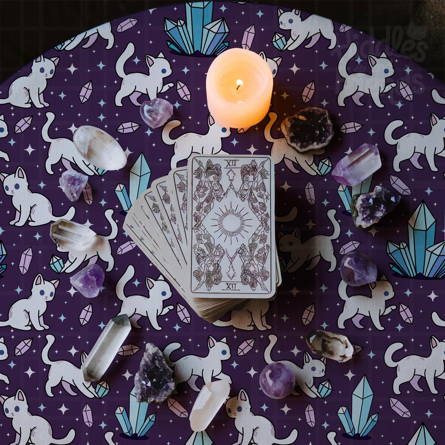 Purple Crystal Cats Seamless Pattern