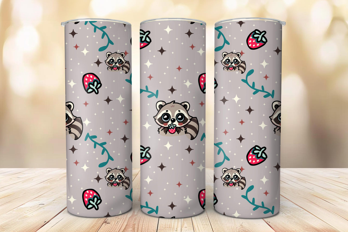 Raccoon with Strawberry Seamless Pattern