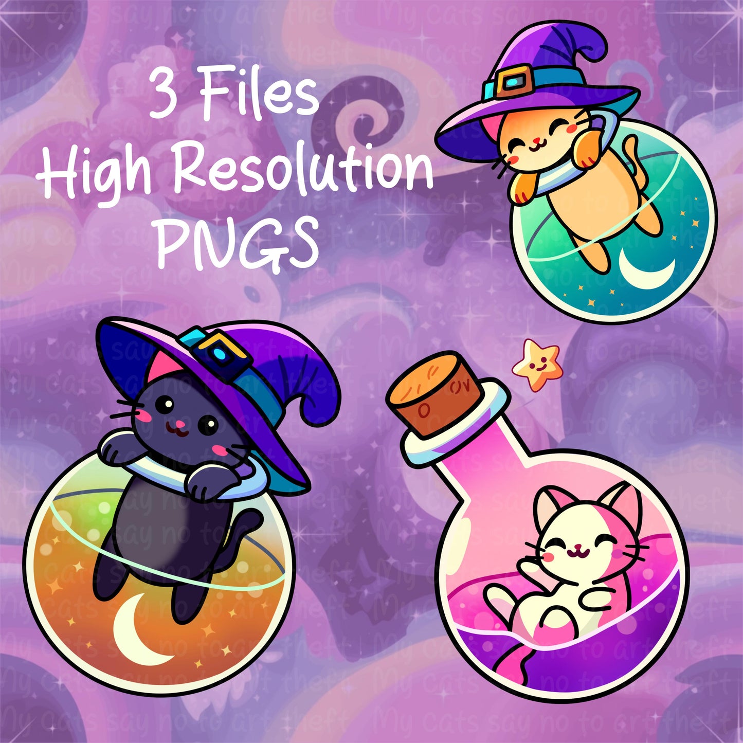 3 Potion Bottle Cat PNGs (plus bonus star) | 3 High Resolution PNGs