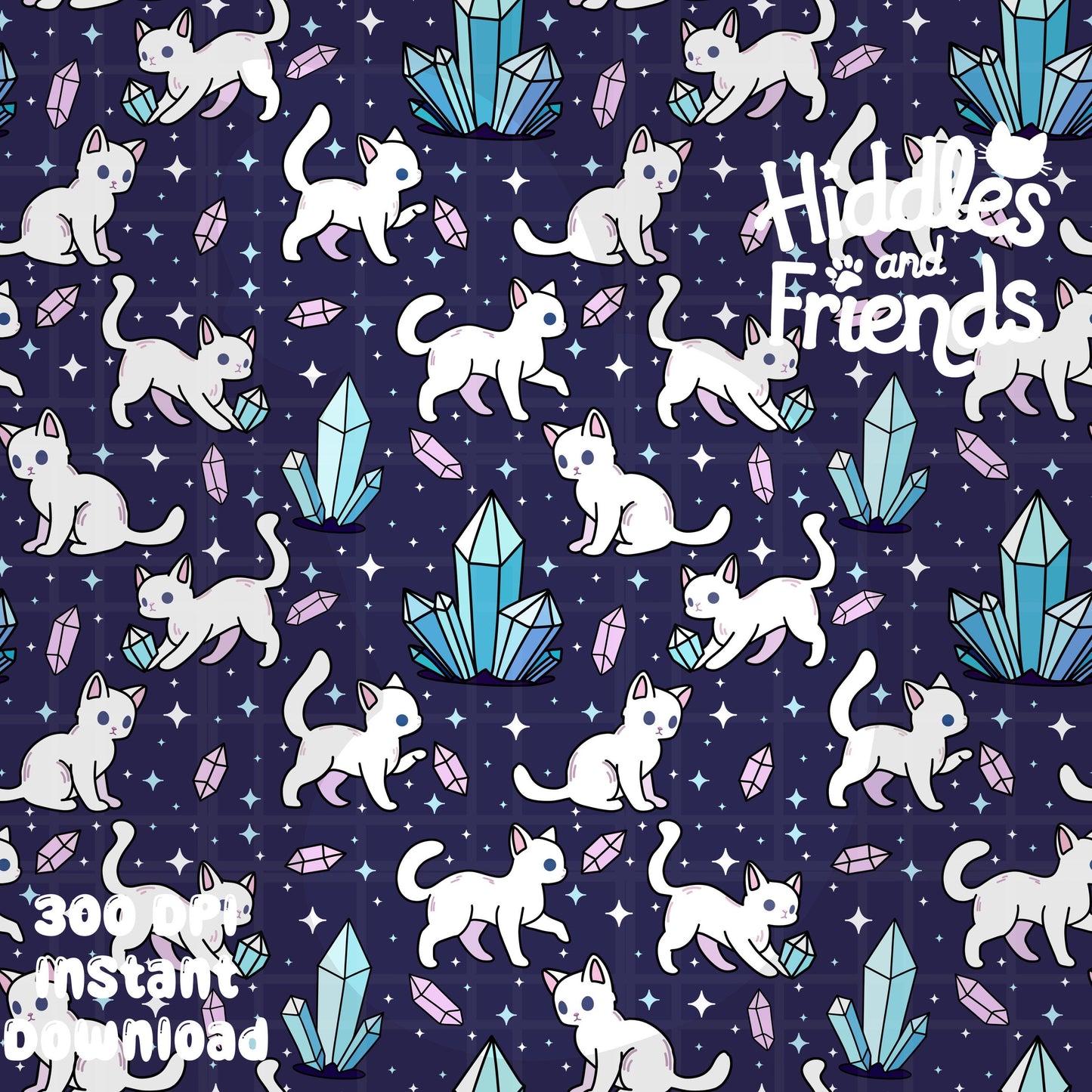 Blue Crystal Cats Seamless Pattern