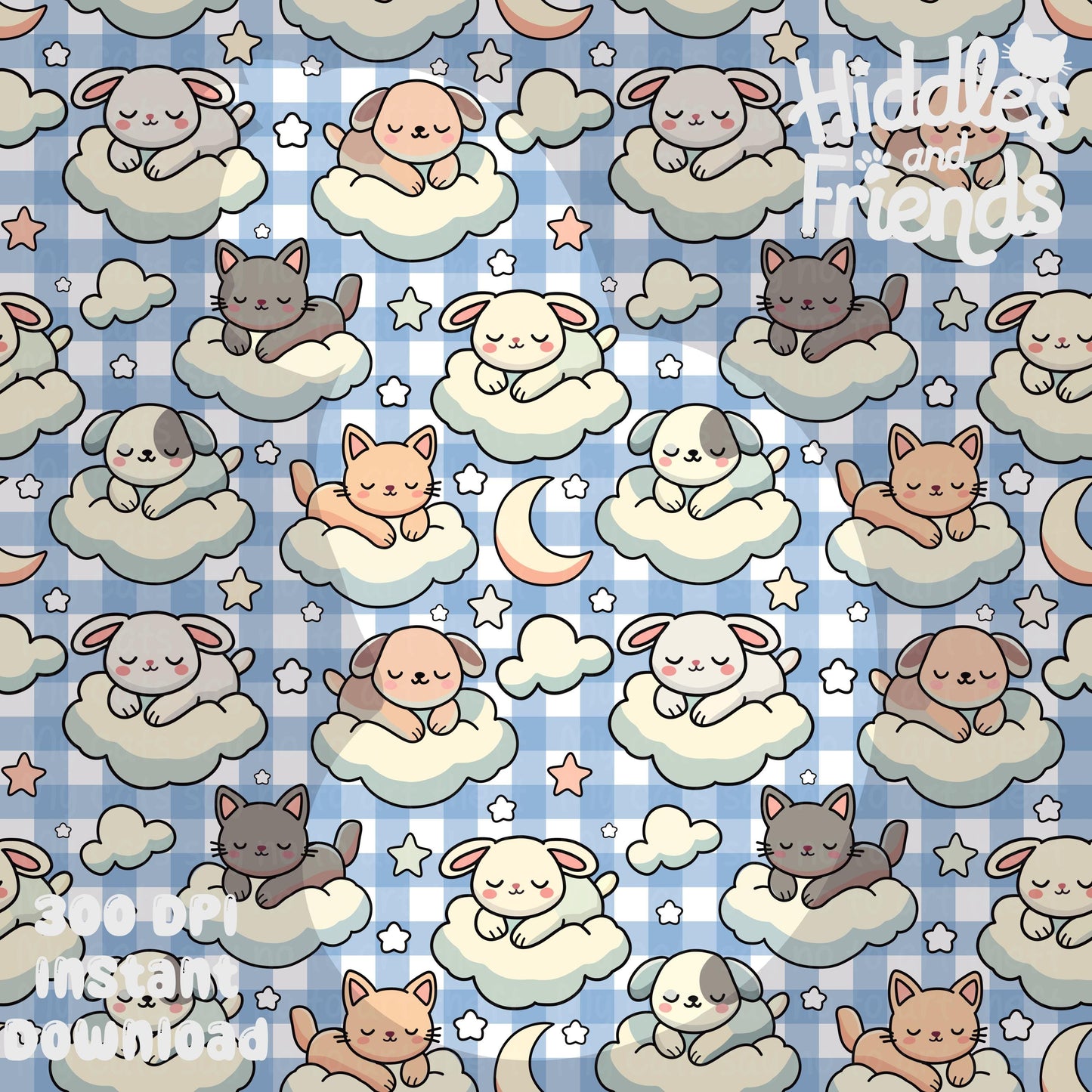 Cute Sleeping Animals on Clouds Seamless Pattern
