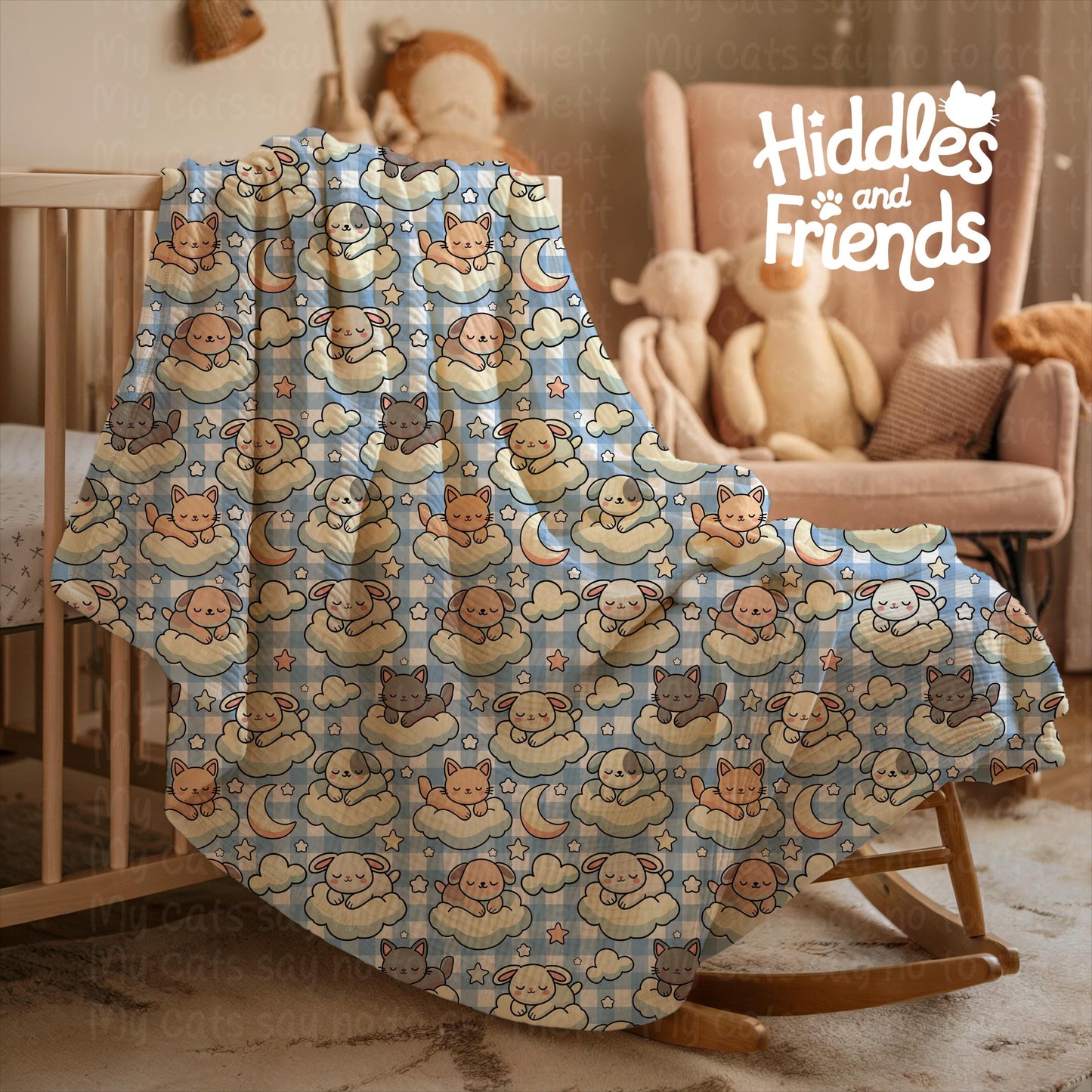 Cute Sleeping Animals on Clouds Seamless Pattern