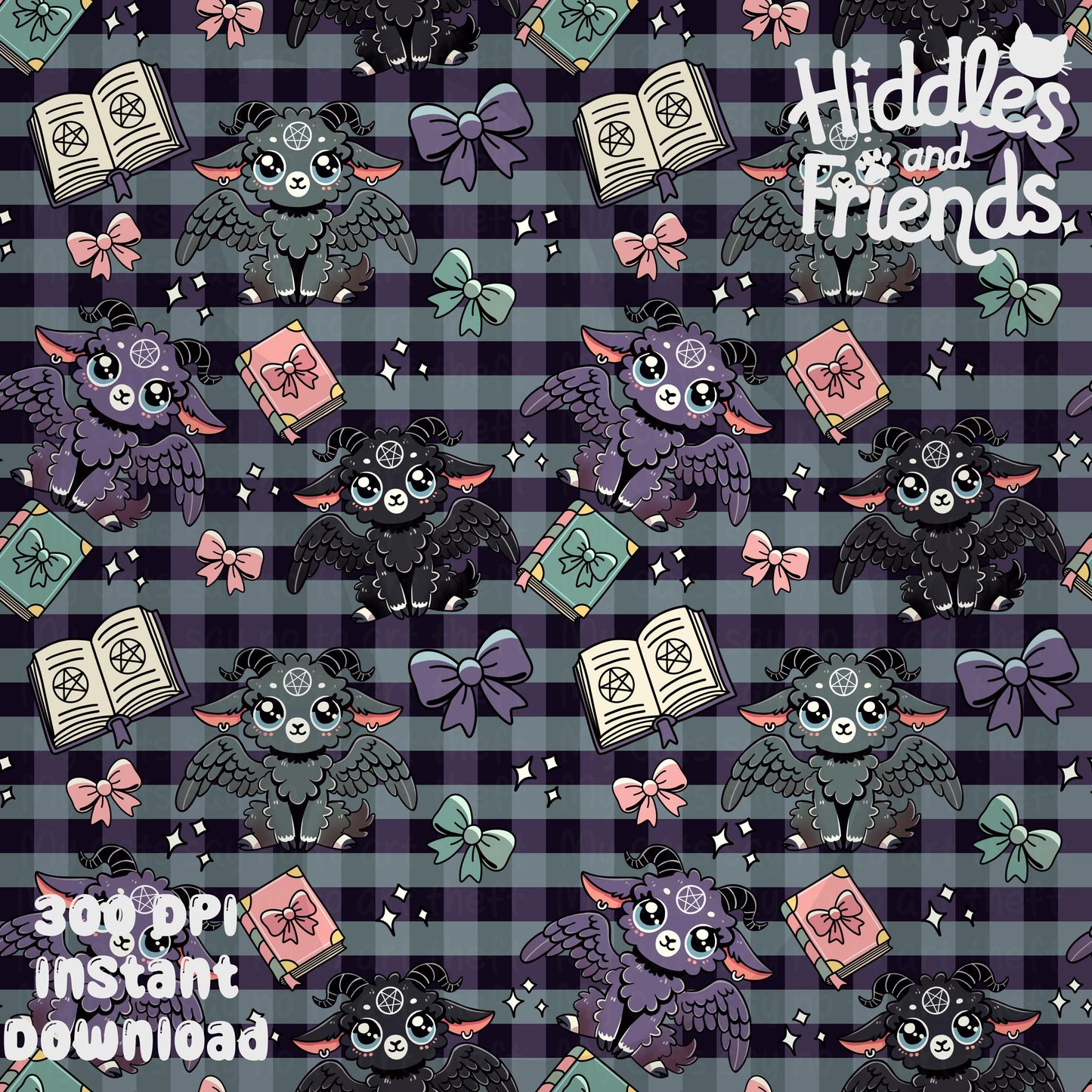 Cute Baphomet Spellbooks & Bows Seamless Pattern