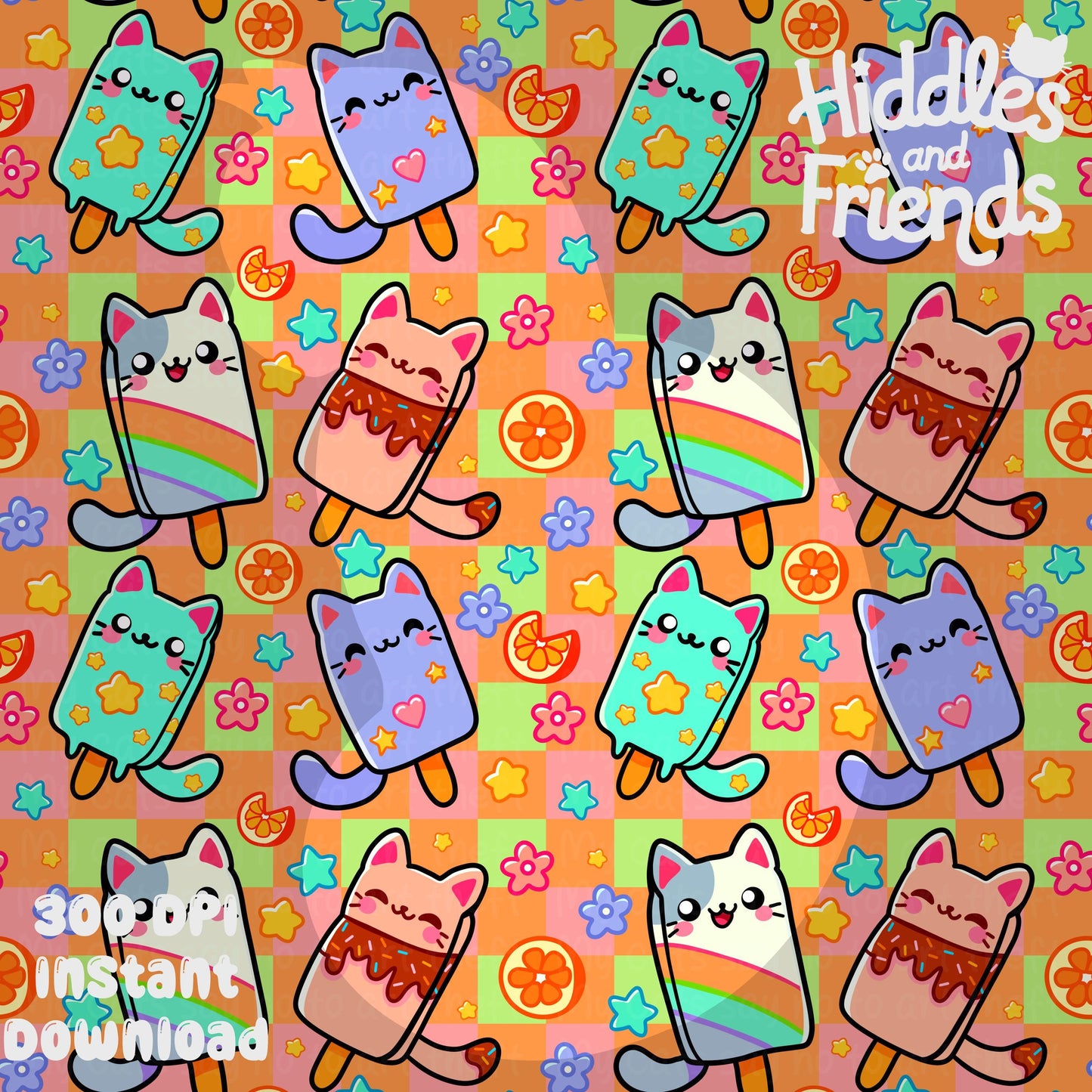 Ice Cream Cat Seamless Pattern – Bright Orange Kawaii Popsicles