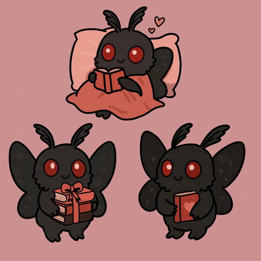Bookish Mothman Digital Sticker Set – 3 Cozy Coquette Cryptid PNGs