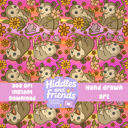 Possum and Flowers Seamless Pattern