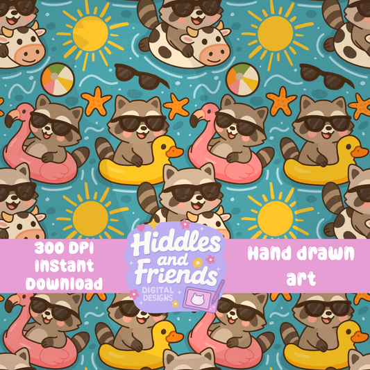 Raccoon Pool Float Seamless Pattern