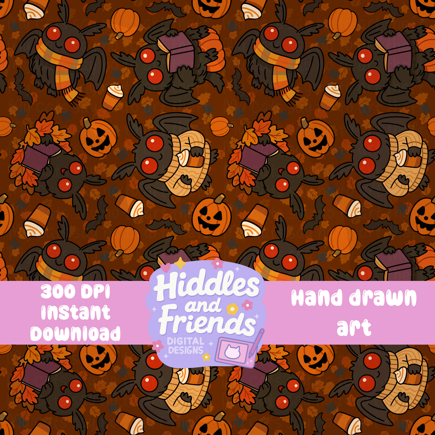 Cozy Halloween Mothman Seamless File – Fall Cryptid Pattern in 4 Colorways