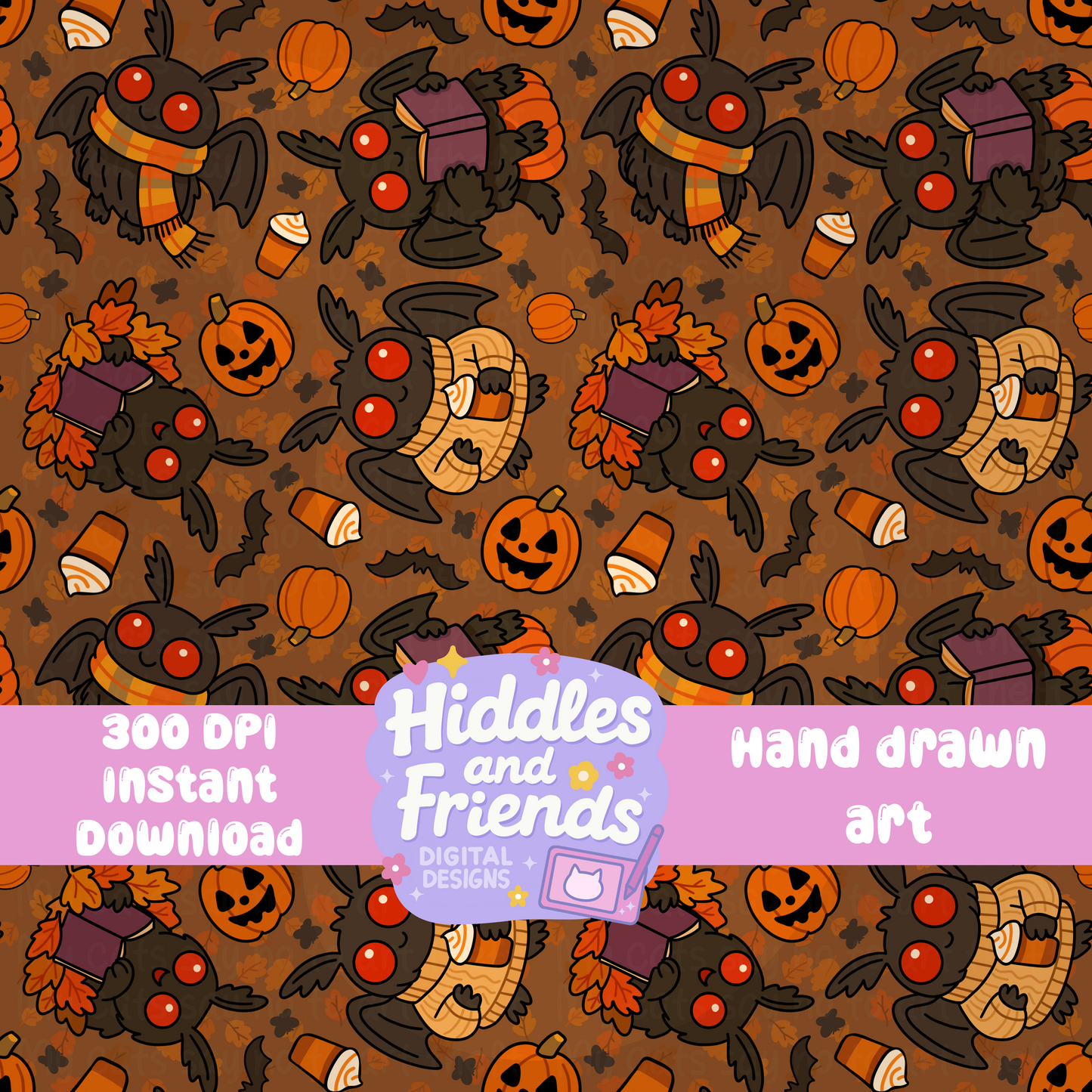 Cozy Halloween Mothman Seamless File – Fall Cryptid Pattern in 4 Colorways