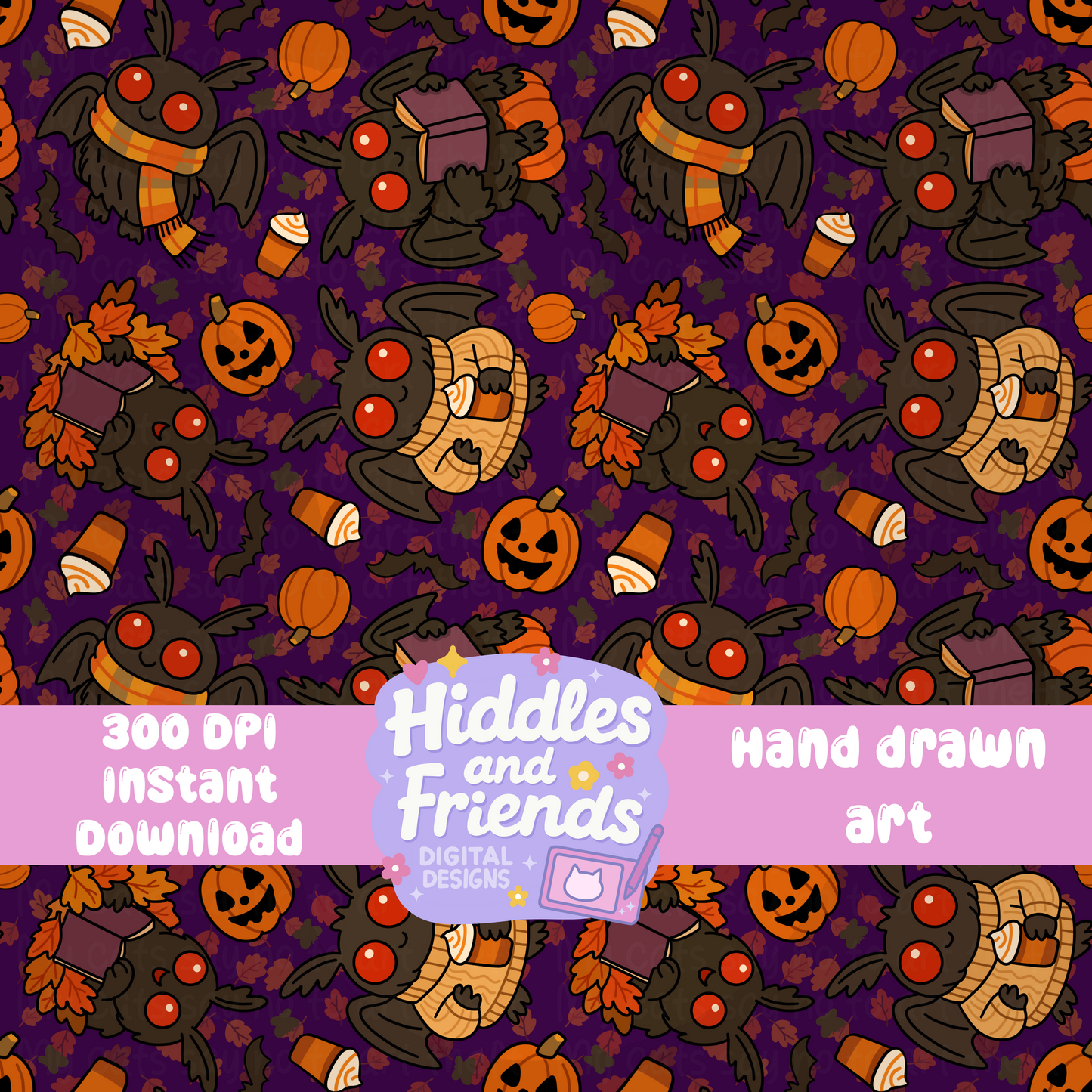 Cozy Halloween Mothman Seamless File – Fall Cryptid Pattern in 4 Colorways