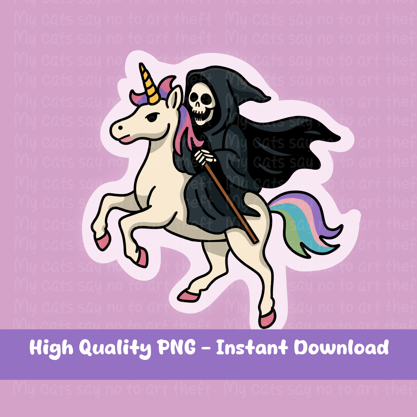 Grim Reaper Riding a Rainbow Unicorn Digital Sticker
