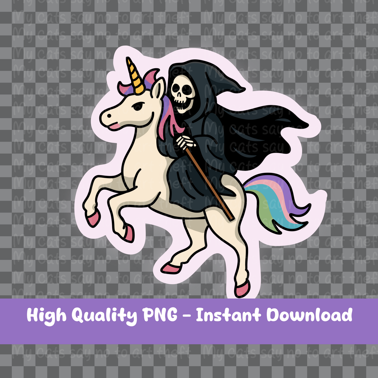 Grim Reaper Riding a Rainbow Unicorn Digital Sticker