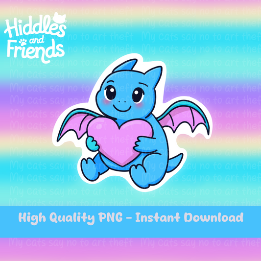 Blue Baby Dragon Hugging Heart Digital Sticker