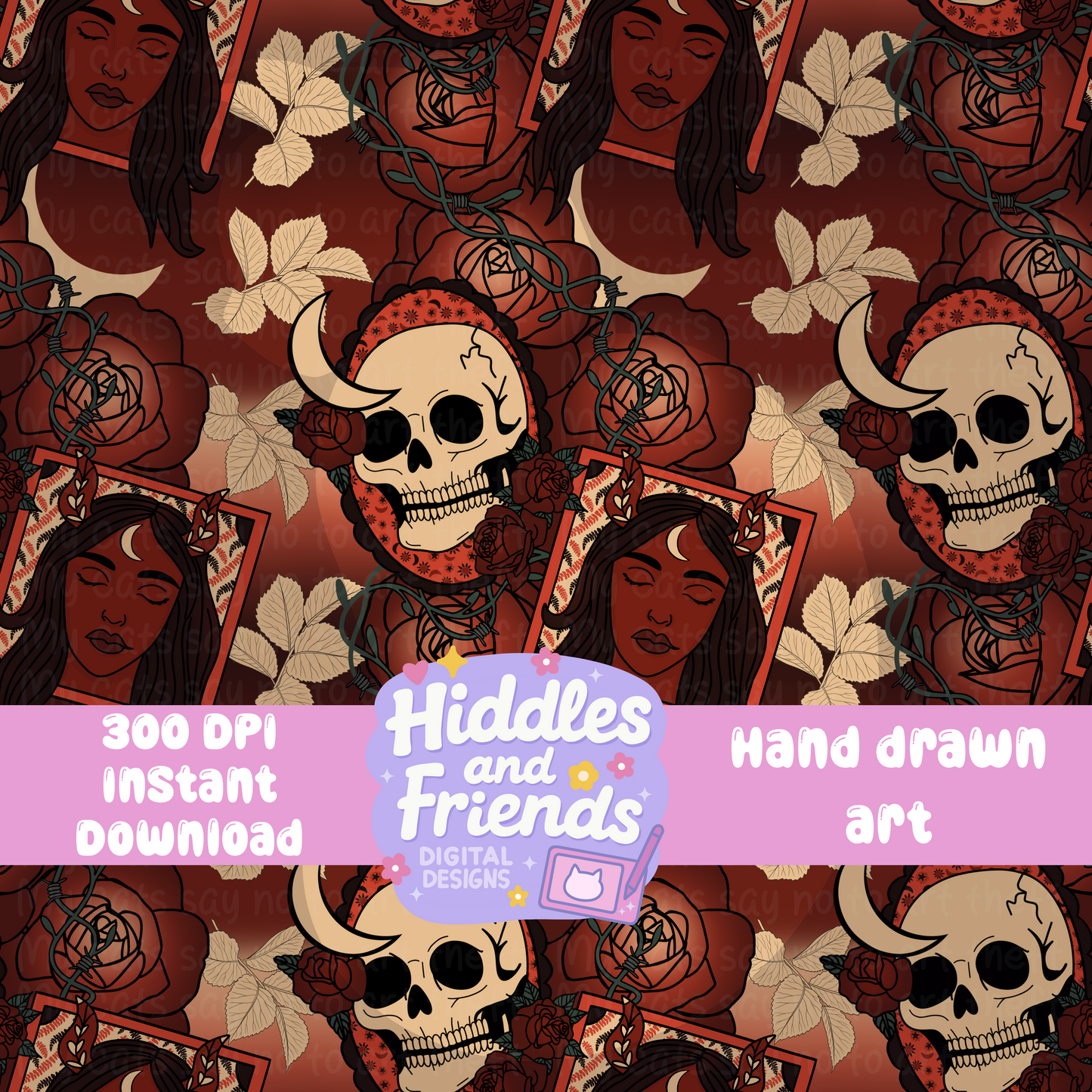 Crimson Witch Skull and Moon Seamless Pattern
