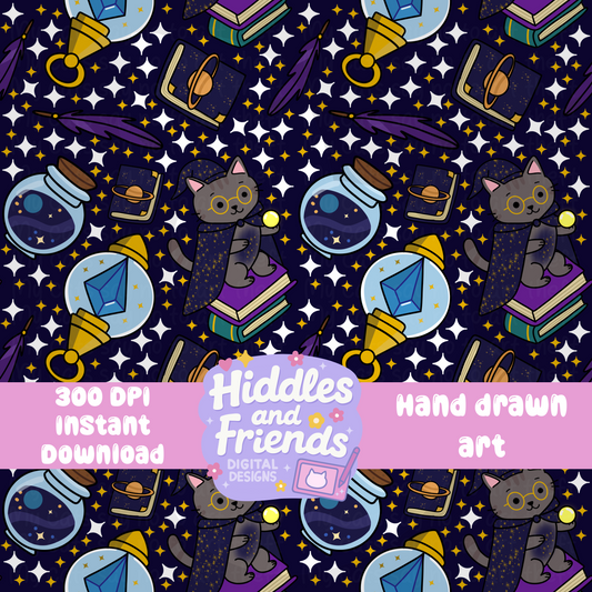 Starry Night Wizard Cat Seamless Pattern