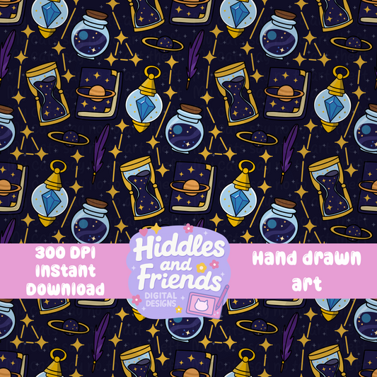 Golden Cosmic Witch Seamless Pattern