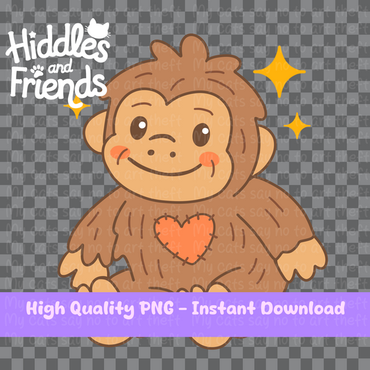 Digital Plush Bigfoot Sticker – Kawaii Heart-Patch Cryptid