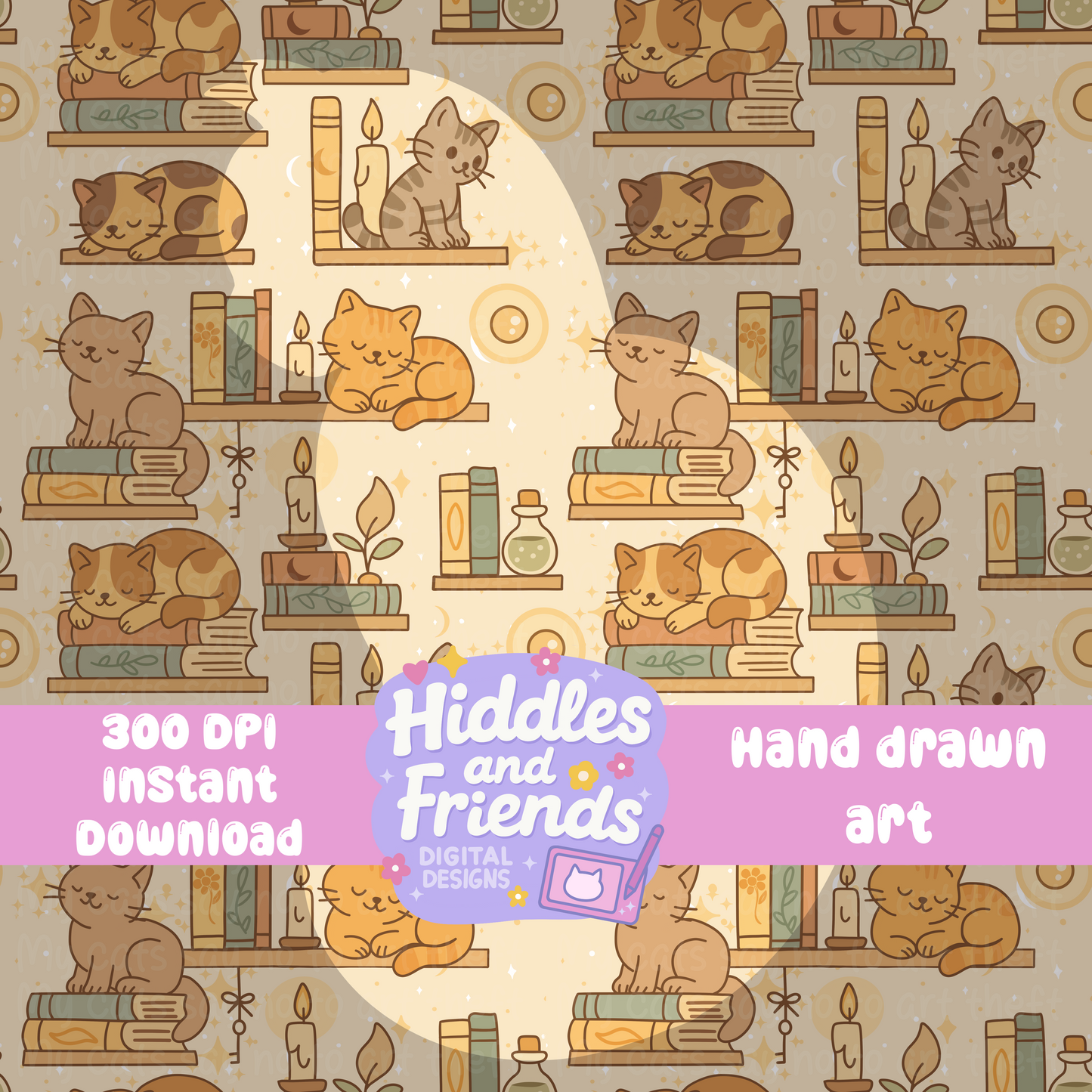 Cozy Bookshelf Cats Seamless File