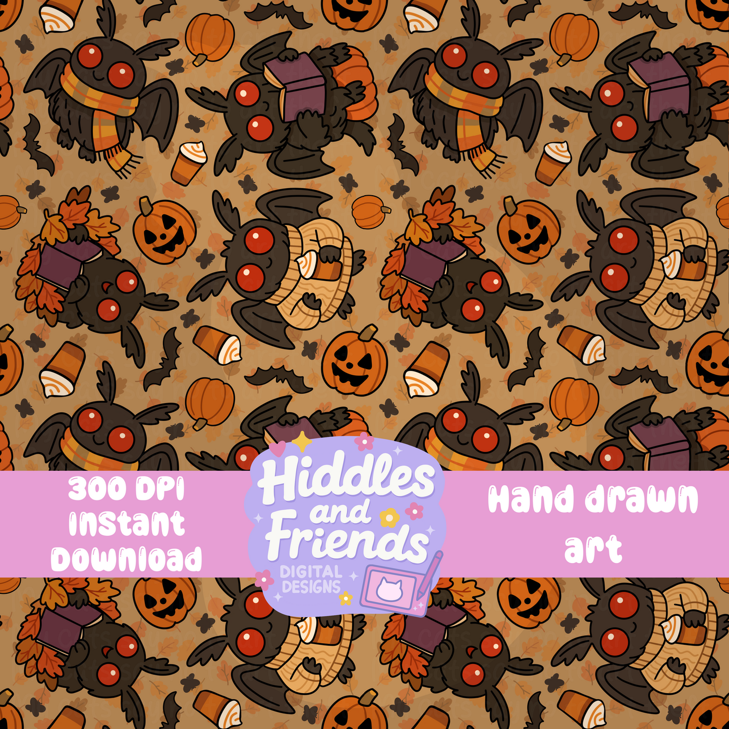 Cozy Halloween Mothman Seamless File – Fall Cryptid Pattern in 4 Colorways