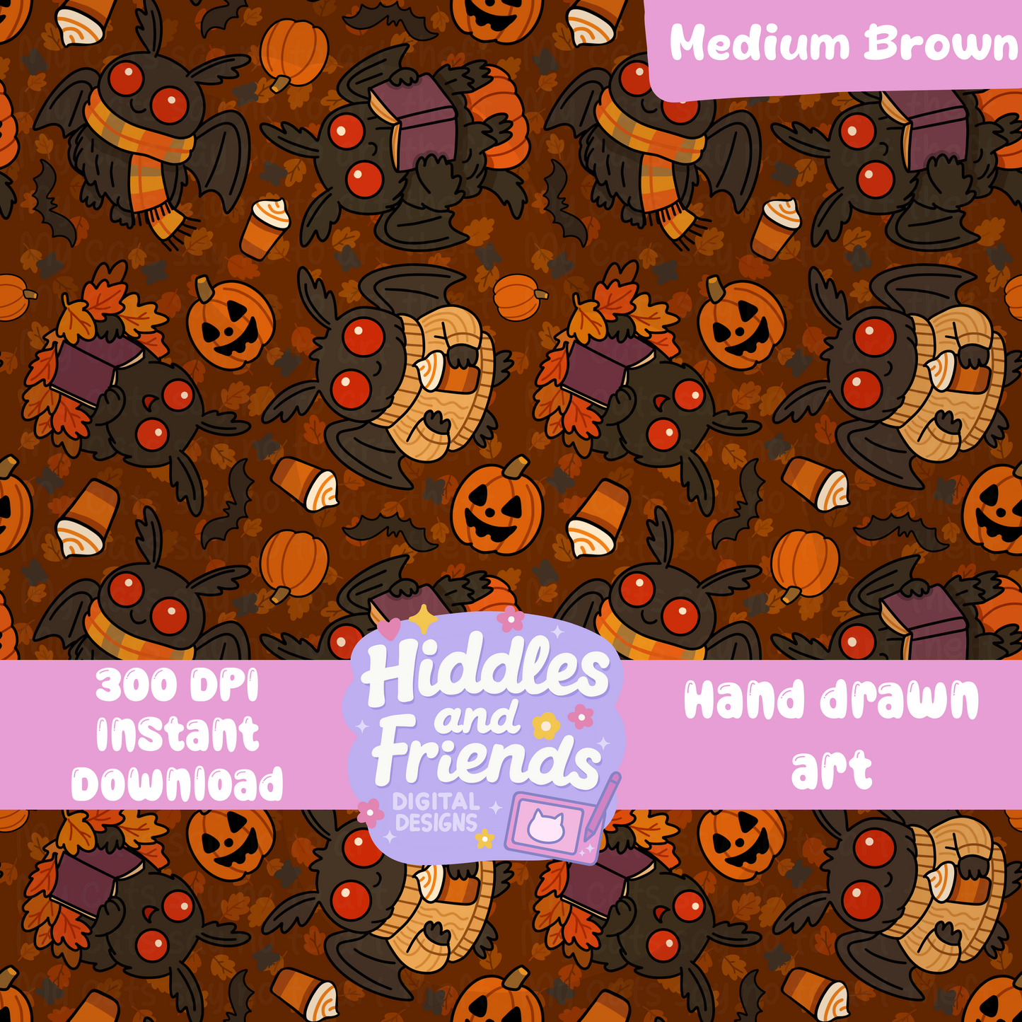 Cozy Halloween Mothman Seamless File – Fall Cryptid Pattern in 4 Colorways