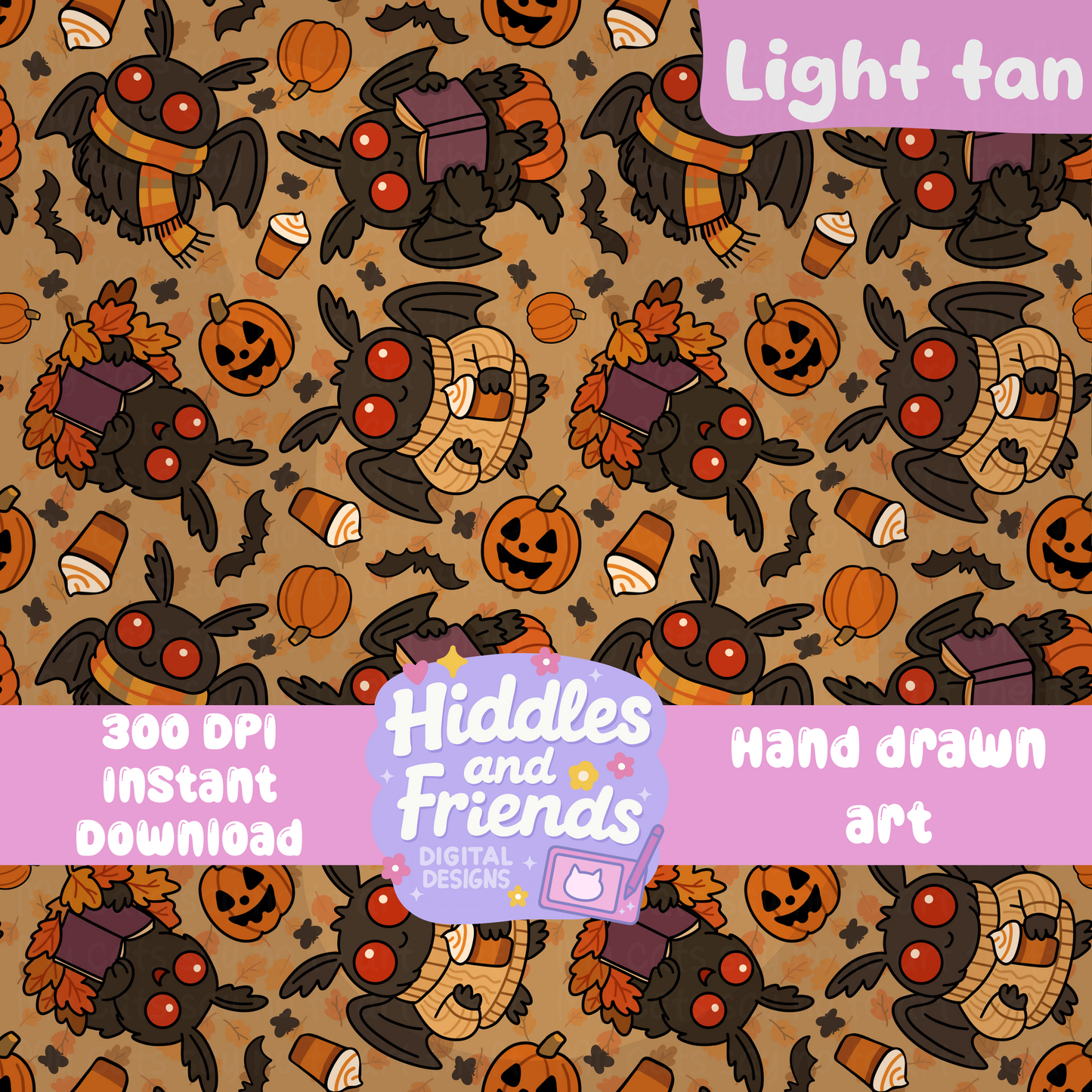 Cozy Halloween Mothman Seamless File – Fall Cryptid Pattern in 4 Colorways