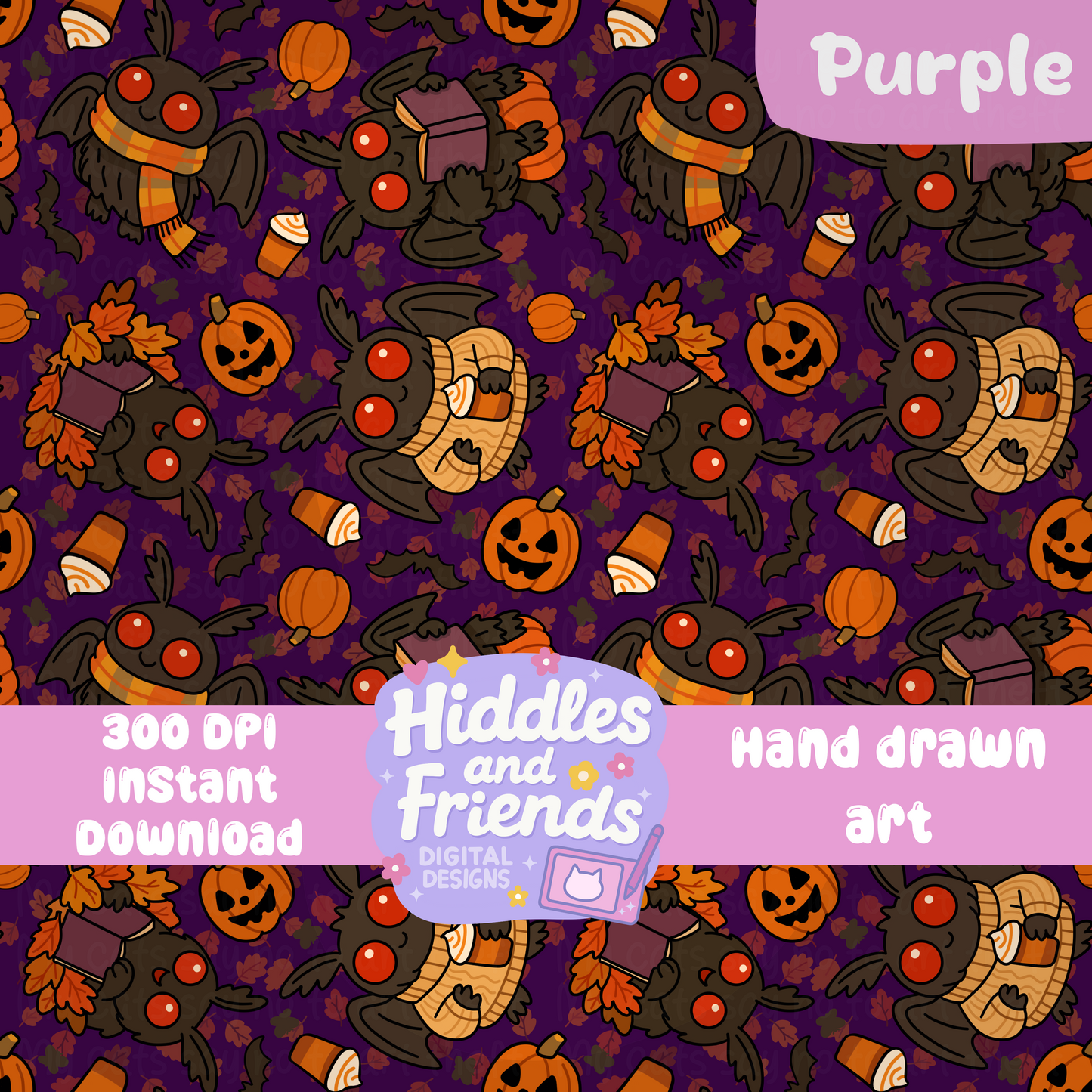 Cozy Halloween Mothman Seamless File – Fall Cryptid Pattern in 4 Colorways