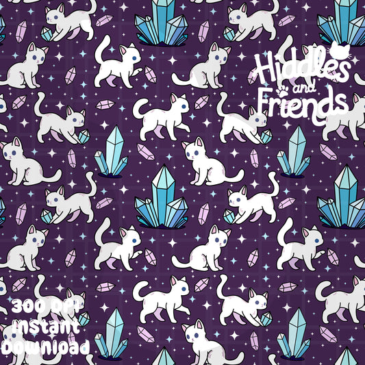 Purple Crystal Cats Seamless Pattern