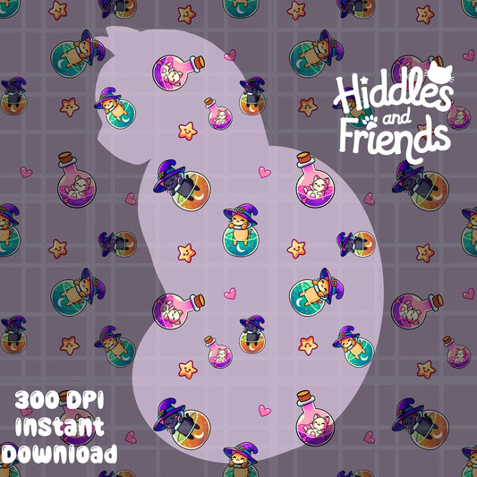 Cats in Potions Seamless Pattern