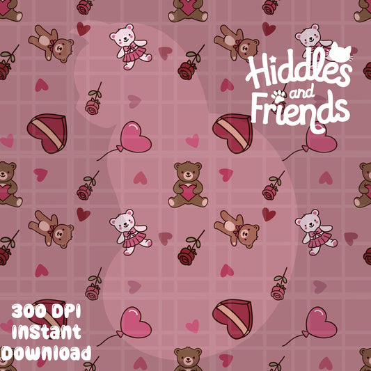 Valentine Bears & Roses Seamless Pattern