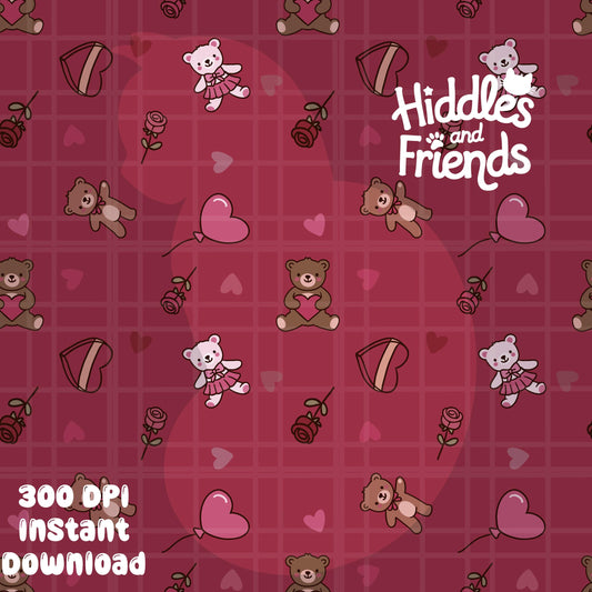 Red Valentine Bears & Roses Seamless Pattern