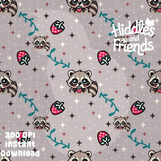 Raccoon with Strawberry Seamless Pattern