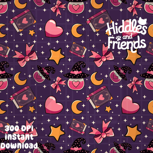 Purple Witchy Valentine Seamless Pattern