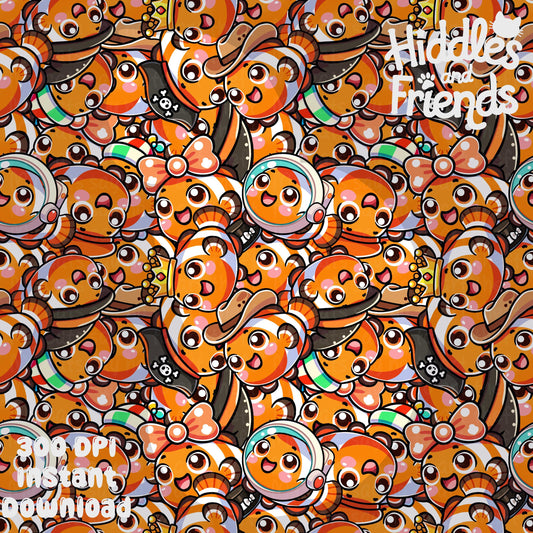 Clownfish Seamless Pattern Cute Cartoon Fish in Silly Hats
