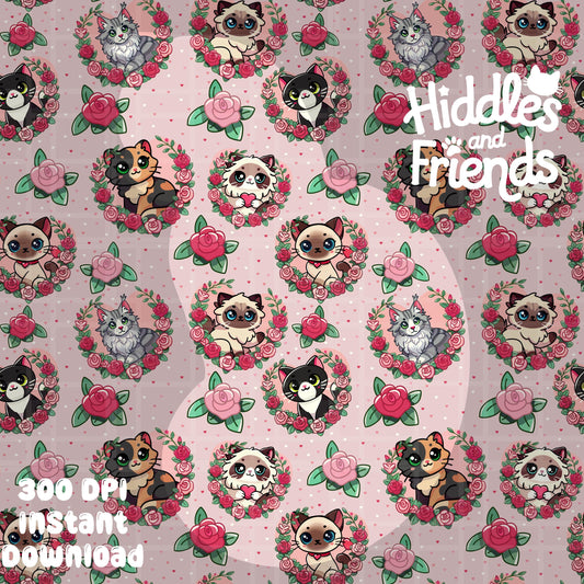 Valentine Cats Seamless Pattern
