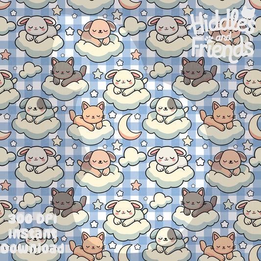Cute Sleeping Animals on Clouds Seamless Pattern